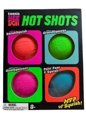 NeeDoh Hot Shots Teenie Squishy Sports Ball Schylling Fidget Toy Set 4 Pack NIB/